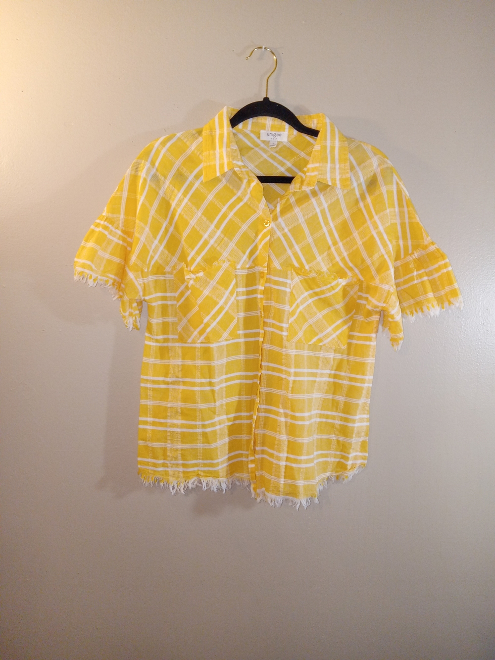 Umgee Yellow and White Plaid Button Down Shirt